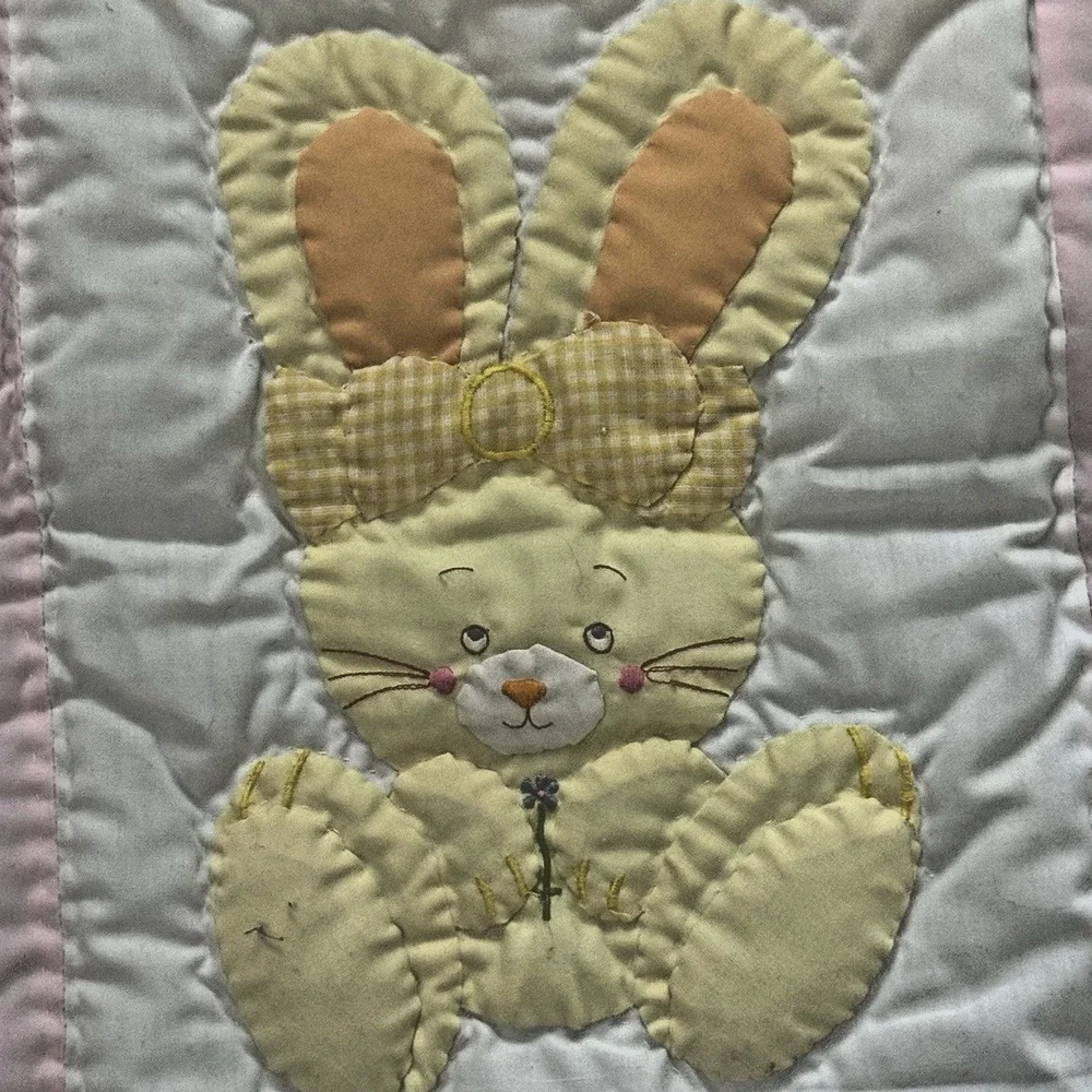 VTG House of Hatten Baby Quilt Blanket Pastel Animals Puppy‎ Kitten Bunny Duck